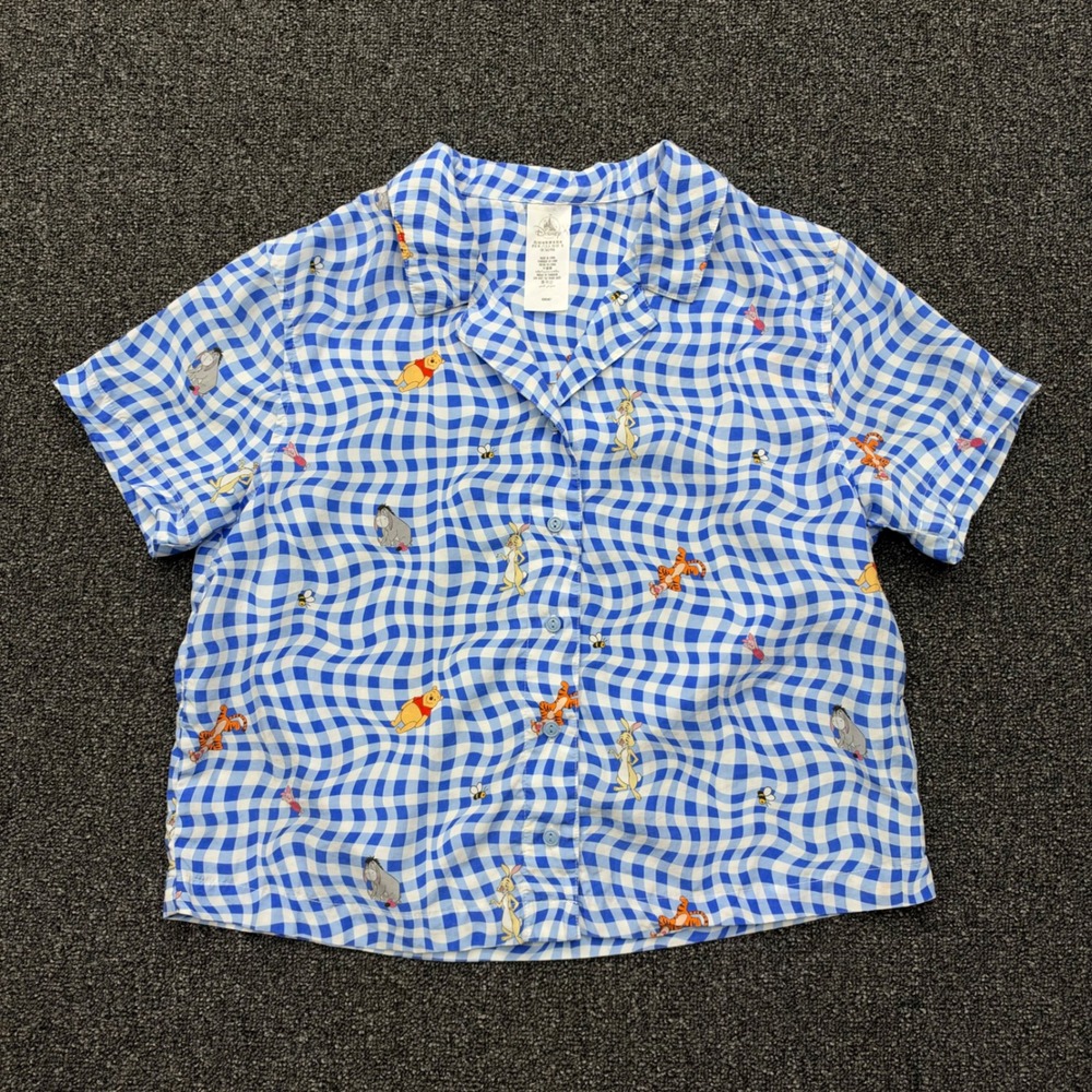 Disney Winnie the Pooh Gingham Button Up Shirt Womens Medium Blue kidcore plaid